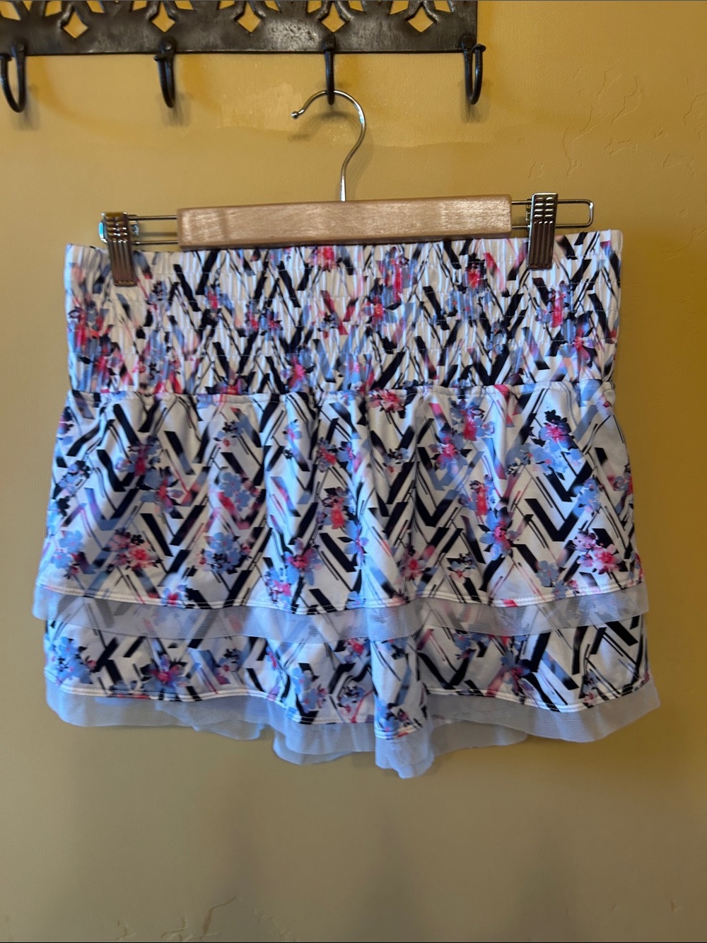 Lucky in Love White High-Waist Tiered Shorts with Pink & Navy Floral Chevron